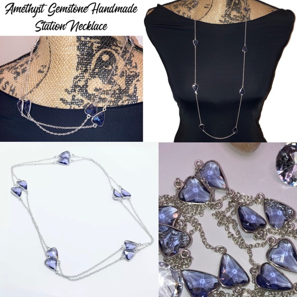 Heart Amethyst Gemstone Handmade Station Necklace - Picture 1 of 4